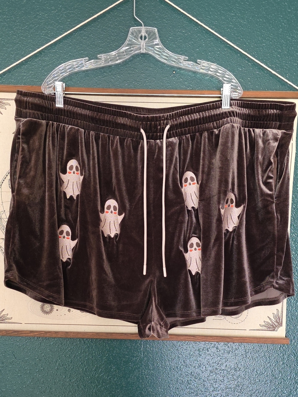 Ghost Embroidered Velvet Lounge Shorts - Brown - Picture 1 of 5